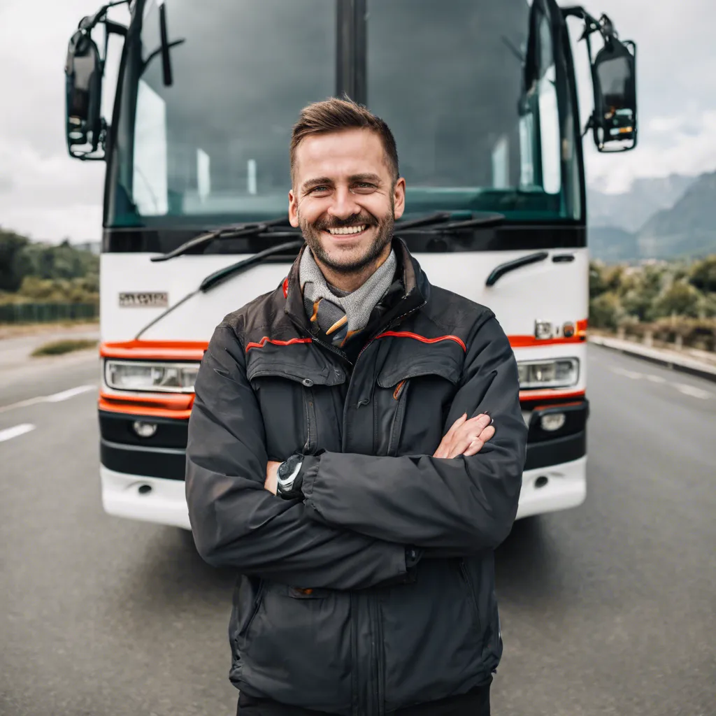 Bus driver smiling in front of a bus