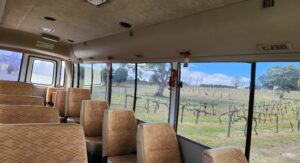 Inside of bus with bus seats